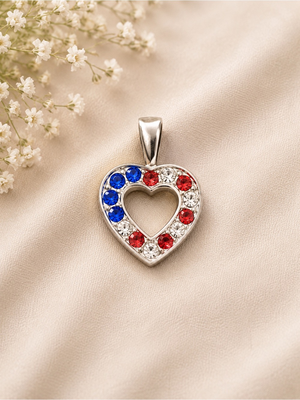 Heart-Shaped Silver Pendant with Red White and Blue Flag Accents